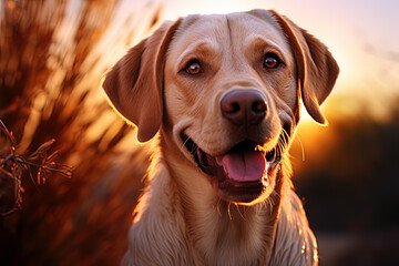 Portrait of a white Labrador retriever on a beige neutral background, cropped photo, natural light. Ai art