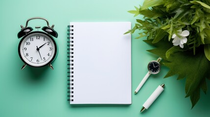 UPCOMING EVENTS is written in a notebook next to a green plant and a white alarm clock, which stands on colorful diaries.  - obrazy, fototapety, plakaty