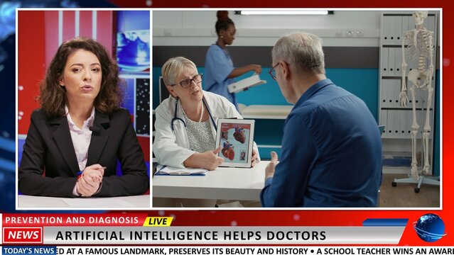 Presenter reporting healthcare news developed by artificial intelligence, broadcasting live newscast reportage. Woman media reporter addressing global medicine industry events.