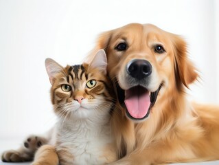 Obraz premium Animal Companionship: Happy Dog and Cat Together on White Background. Generative ai