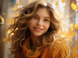 Fototapeta premium Beautiful portrait of happy cute girl on blur background