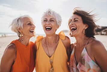 three older women laughing on the beach mixing masculine and feminine elements light white and amber close-up shots