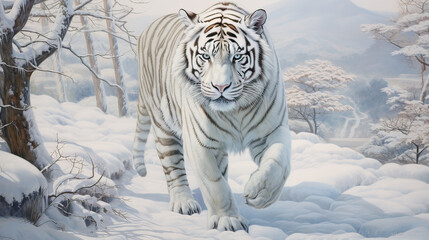 Fototapeta na wymiar White tiger gracefully striding across a snowy landscape, a vision of elegance AI generative 