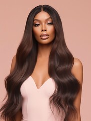 Elegant Radiance: Beautiful Black Woman in Silky Wig on Blush Pink Background. Generative ai - obrazy, fototapety, plakaty