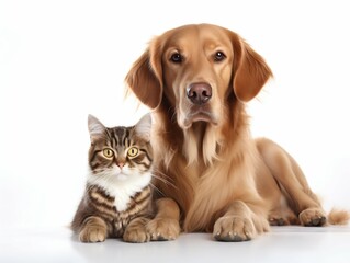 Animal Companionship: Happy Dog and Cat Together on White Background. Generative ai