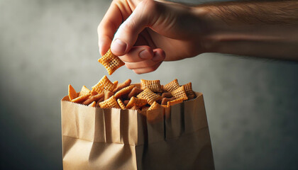 Hand grabbing Chex mix snack from paper bag 