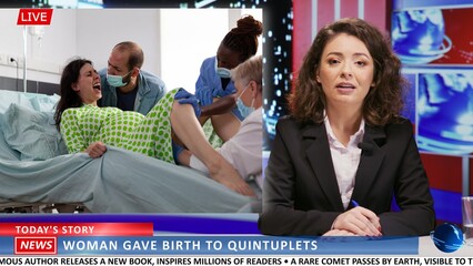 Newscaster doing reportage of new mother giving birth to five children, discussing about child...