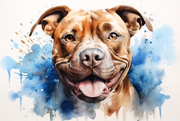 watercolor canvas painting of the pit bull dog, strong facial expression, light brown and white, heavy shading - obrazy, fototapety, plakaty