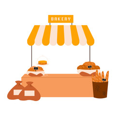 Local street market. Outdoor market stall with bakery. Street festival.