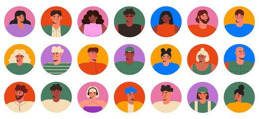 Set of people's portraits vector flat illustration. Different man and woman faces at round frame.  User profile, avatar icons.