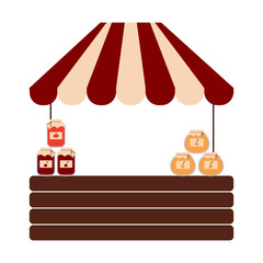 Local street market. Outdoor market stall with jam. Street festival.