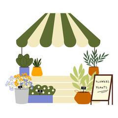 Street market fair. Outdoor market stall vector flat illustration. Local market stall with plants and Flowers.
