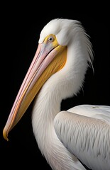 white pelican with long yellow beak on black background, hatching, potrait