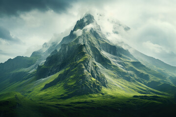 A mountain peak shrouded in mist, showcasing the majesty of the natural world. Concept of adventure...
