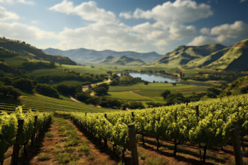 Obraz premium A rustic vineyard with rows of grapevines and a scenic backdrop of rolling hills. Concept of winemaking and agriculture. Generative Ai.