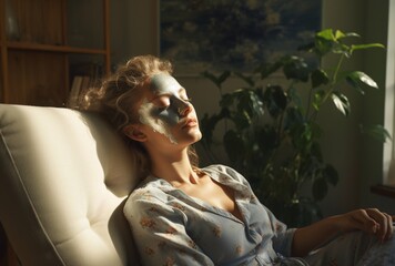 woman applies facial mask on a couch, interplay of light, firecore, recontextualized