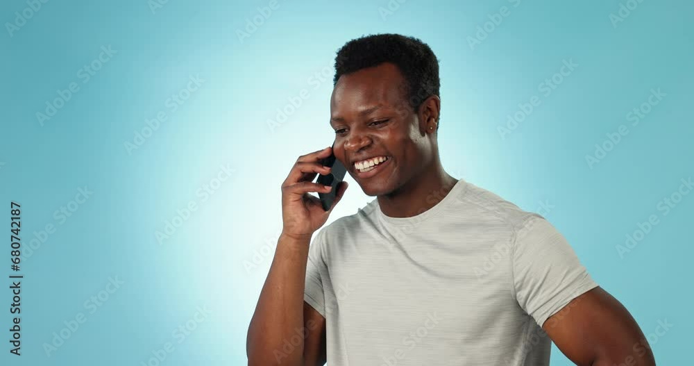 Poster man, conversation and smile for phone call in studio by blue background for communication, hello and