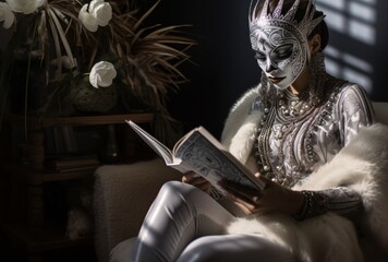 exotic woman with artistic makeup reads book in a lounge room, use of traditional techniques, reflective, exotic subject matter