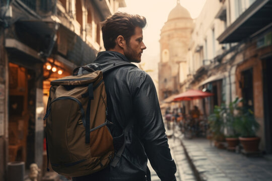A man with a backpack and camera, exploring a foreign city with curiosity and wanderlust. Concept of travel and cultural exploration. Generative Ai.