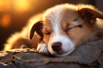 A contented puppy curled up in a sunbeam for an afternoon nap. Concept of restful relaxation. Generative Ai.