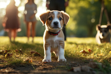A curious puppy meeting new human and animal friends at the park. Concept of socialization. Generative Ai.
