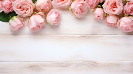 Roses on Wooden Background, Beautiful Flowers, Summer Floral, Copy Space. Generative AI