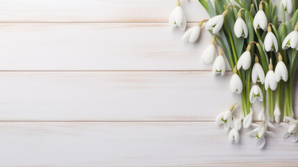 Snowdrops on Wooden Background, Beautiful Flowers, Spring Floral, Copy Space. Generative AI