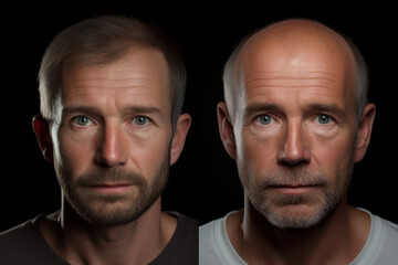 A before-and-after comparison of a hair transplant procedure, emphasizing the concept of transformation. Generative Ai.
