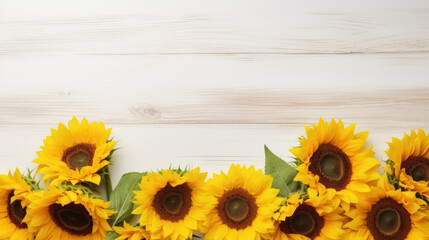 Obraz premium Sunflowers on Wooden Background, Beautiful Flowers, Summer Floral, Copy Space. Generative AI