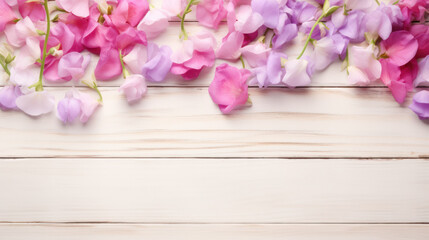 Fototapeta na wymiar Sweet Peas on Wooden Background, Beautiful Flowers, Spring Floral, Copy Space. Generative AI