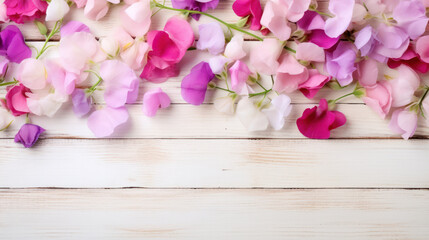 Sweet Peas on Wooden Background, Beautiful Flowers, Spring Floral, Copy Space. Generative AI