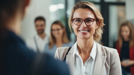 Happy mid aged business woman hand shaking