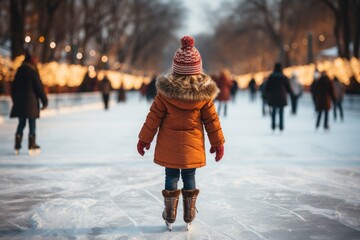 Beautiful little cute girl learn to skate on ice skating rink in park. Fall down and have fun. Stylish look, warm woolen coat, hat, scarf, snood. Winter family activities, sport, games outdoors. - obrazy, fototapety, plakaty