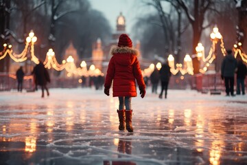 Beautiful little cute girl learn to skate on ice skating rink in park. Fall down and have fun. Stylish look, warm woolen coat, hat, scarf, snood. Winter family activities, sport, games outdoors. - obrazy, fototapety, plakaty