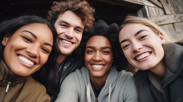 Multiracial group of young people smiling at camera