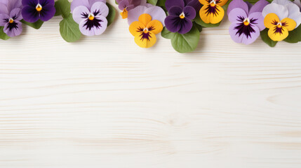Violas on Wooden Background, Beautiful Flowers, Winter Floral, Copy Space. Generative AI