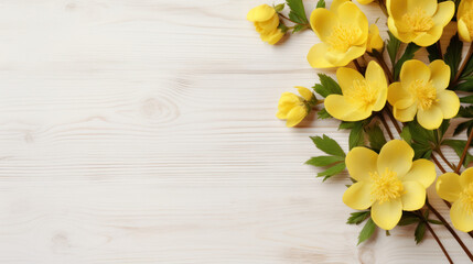 Winter Aconite on Wooden Background, Beautiful Flowers, Winter Floral, Copy Space. Generative AI