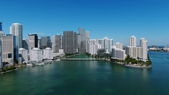 Aerial panoramic view of dynamic city skyline with Aston Martin Building in centre. Exclusive contemporary architecture overlooking bay and river in Brickell, Miami
