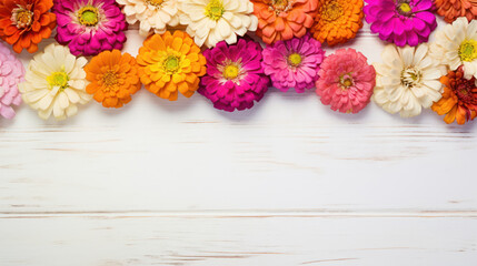 Zinnias on Wooden Background, Beautiful Flowers, Summer Floral, Copy Space. Generative AI