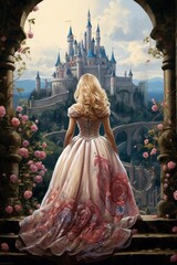 Enchanting fairy tale princess with vibrant dress, castle backdrop, flowers, Generative AI