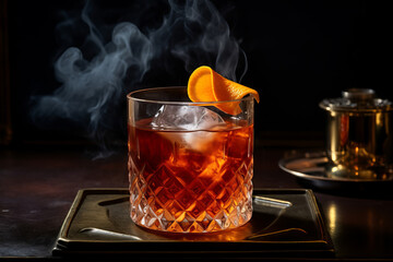 Negroni, A classic Italian aperitif made with equal parts gin, Campari, and sweet vermouth, typically served with an orange slice - obrazy, fototapety, plakaty