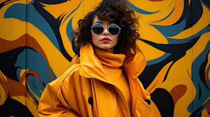 Elegancka kobieta w żółtym płaszczu z grafitti w tle.  - obrazy, fototapety, plakaty