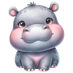 Cute Hippo Safari Animal, Watercolor, Isolated on Transparent Background. Generative AI