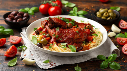 Cacciatore Chicken with spaghetti, vegetables, olives and tomatoes
