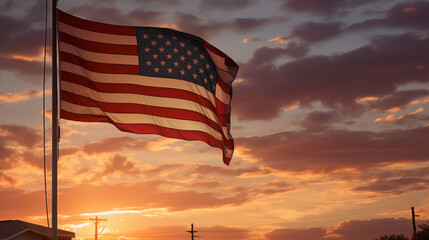 A Tranquil Sunset in Countryside Town Featuring the American Flag
