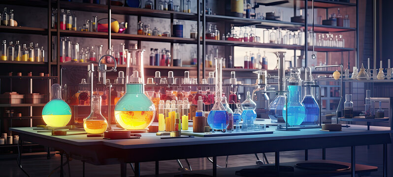 Colorful cinematic scientific laboratory with all shapes and sizes beakers will with many colors of liquid 