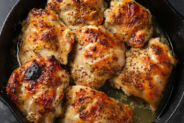 Baked Honey mustard chicken thighs in iron cast pan