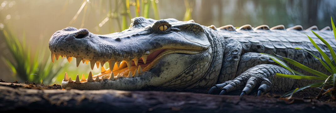 Alligator with mouth open showing teeth banner 