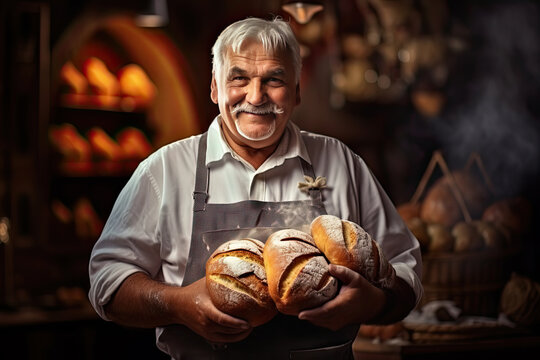 Portrait of an older male baker holding fresh baked bread loaf