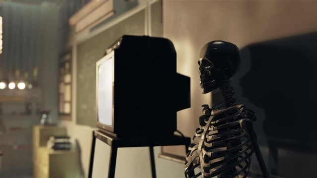 A skeleton sitting in front of a tv in a room
